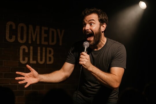 Professional stand-up comedian performing on stage with spotlight illuminating expressive gestures