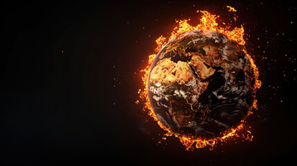Burning globe representing climate change with wildfire and hurricane icons, showcasing urgency of environmental issues