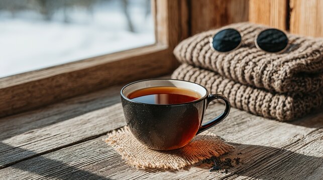Dark teacup on a windowsill, surrounded by a warm knitted garment and sunglasses.