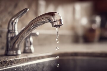 Water Dripping from the Faucet of an Open Kitchen Sink - Water Conservation and Leakage.