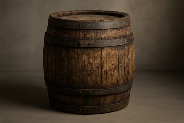 Obraz premium Vintage wooden wine barrel with metal hoops and weathered surface isolated on neutral background