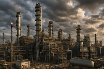 Industrial petrochemical refinery complex with processing towers and environmental safety systems