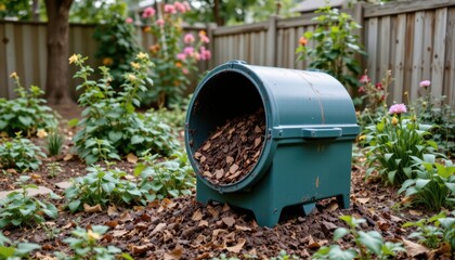 Compost Bin Surrounded by Vibrant Flowers and Lush Greenery in a Residential Garden