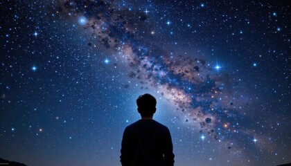 Obraz premium Person Gazing at a Starry Sky with Milky Way Galaxy Visible in a Peaceful Night Atmosphere