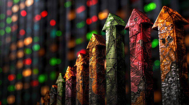 Rising arrows symbolize growth and success against backdrop of stock market ticker, conveying sense of optimism and financial progress