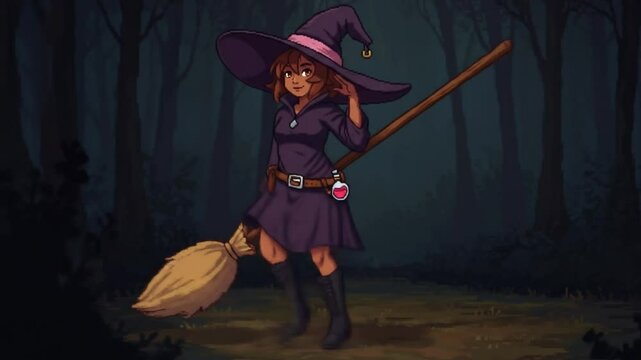 Pixel Art Animation: Young Witch with a Broomstick in a Spooky Forest