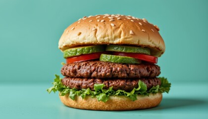 Delicious Sesame Seed Burger Stacked with Fresh Vegetables on a Green Background