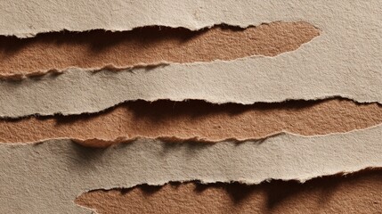 Textured paper with torn edges showcases layers and colors in an abstract design during natural light