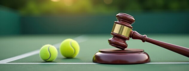 Sports Law and Ethics: Gavel on Tennis Court. Suitable for use in content related to sports agency, athlete contracts, doping regulations