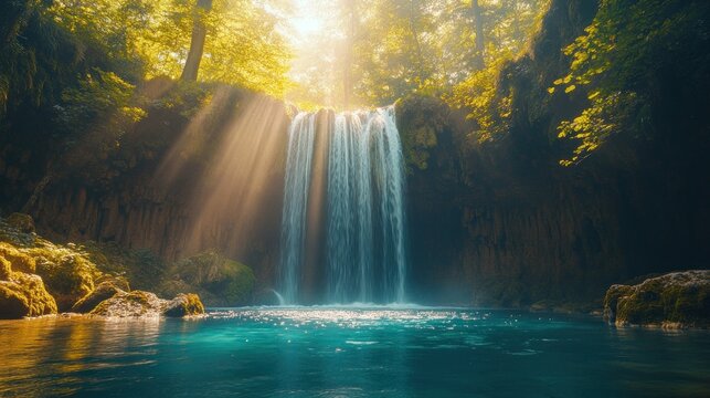 Lush waterfall in sunlit forest