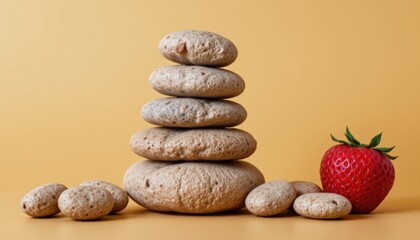 Stack of Smooth Stones with a Bright Red Strawberry on a Yellow Background Creating a Harmonious Composition
