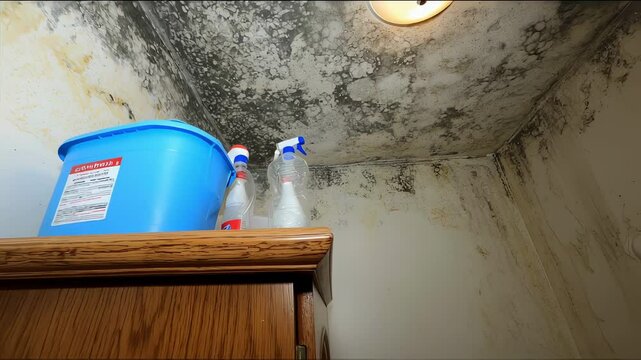 An upward angle shot of a ceiling with extensive black mold growth cascading down the edges and onto the walls. Dampness and discoloration are evident while a container of cleaning