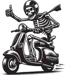 skeleton riding scooter wearing helmet, suitable for t-shirt graphic design, scooter event, logo and others. © Riswan