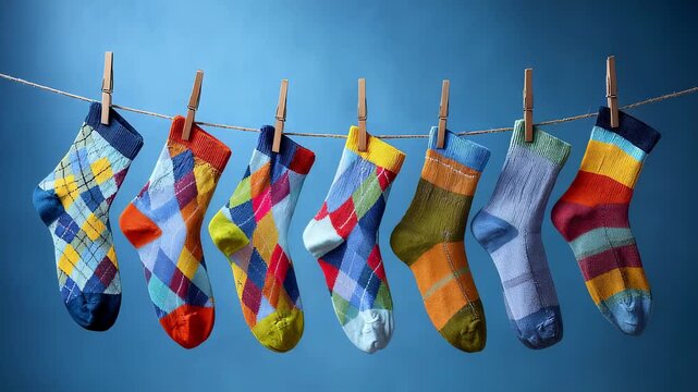 A collection of brightly colored argyle socks each showcasing unique and contrasting patterns is suspended along a string with the vivid hues popping against the calming blue background
