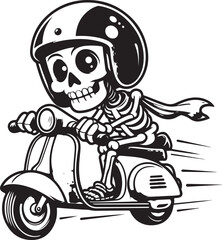 skeleton riding scooter wearing helmet, suitable for t-shirt graphic design, scooter event, logo and others.