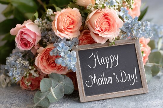 A Bouquet of Love and Gratitude: Capturing the essence of Mother's Day with a stunning bouquet of soft roses and delicate blooms, alongside a heartfelt message of appreciation. - Powered by Adobe