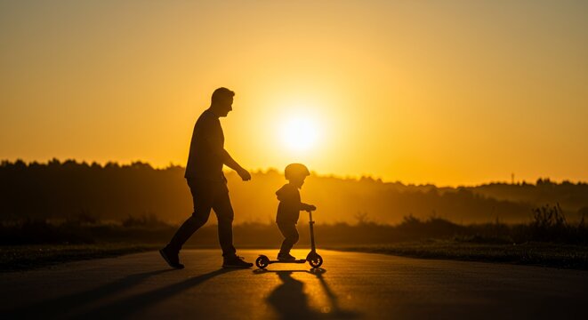 Father and son silhouette enjoying a sunset scooter ride, a heartwarming moment of shared joy and outdoor fun. - Powered by Adobe