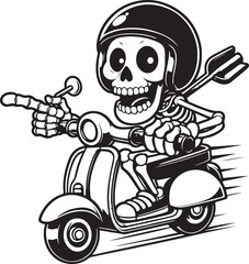 skeleton riding scooter wearing helmet, suitable for t-shirt graphic design, scooter event, logo and others.