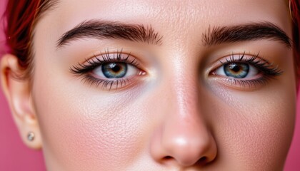 Fototapeta premium Closeup Portrait of a Young Woman with Vibrant Eyes and Glossy Skin against Pink Background