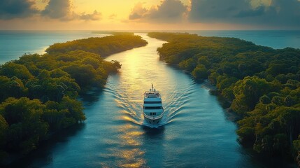 Luxurious yacht navigating a lush, tropical waterway at sunrise
