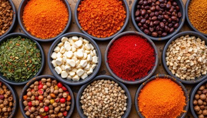 Assorted Colorful Spices and Seasonings in Bowls Displayed on a Table Background