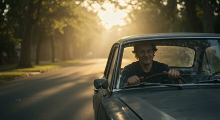 Golden hour sunlight streams through trees onto a man driving a vintage car down a quiet road, creating a nostalgic and peaceful atmosphere.