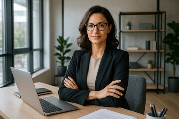 Fototapeta premium Confident professional businesswoman smiling warmly at camera while working at sleek modern desk in bright contemporary office
