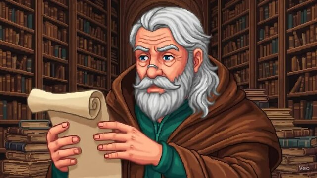 Pixel Art Animation: Elderly Scholar Reading a Scroll in a Grand Library