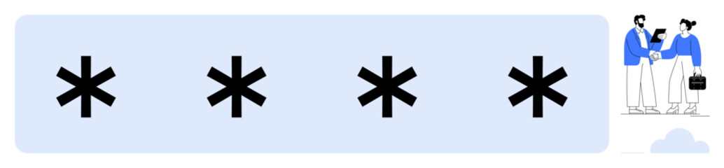 Fototapeta premium Asterisks representing password security alongside two business professionals exchanging documents. Ideal for cybersecurity, collaboration, teamwork, privacy, data protection, secure communication