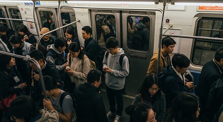 Commuters huddle together on a crowded public transit vehicle, their faces illuminated by the soft glow of their handheld devices.