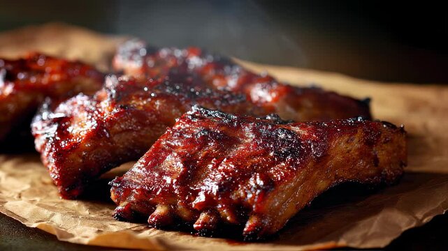 In this intimate closeup shot the luscious ribs sit atop crinkled parchment their surface gleaming and inviting. The lowangle view reveals the depth of the glaze while rising steam