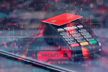 Point of sale terminal with laptop and red bank card and overlay of binary code and warning HACKED. Concept financial data breach or card fraud.