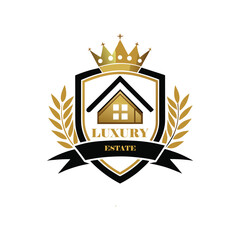 Luxury Real Estate Crest Logo with Crown, Elegant Home Silhouette, Premium Royal Property Emblem, Gold Vintage Heraldic House Badge.