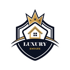 Luxury Real Estate Crest Logo with Crown, Elegant Home Silhouette, Premium Royal Property Emblem, Gold Vintage Heraldic House Badge.