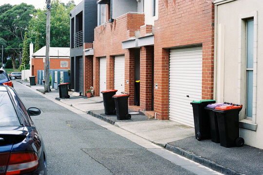 Colorful Trash Bins on Urban Street in Australia