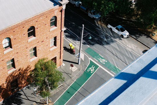 Overhead View of Cycling Lane and City Scene in Melbourne