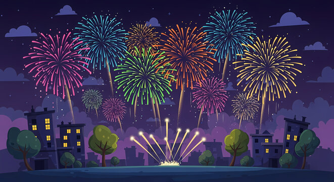 Colorful Fireworks Display Over Cityscape Celebrating Festive Night Sky.