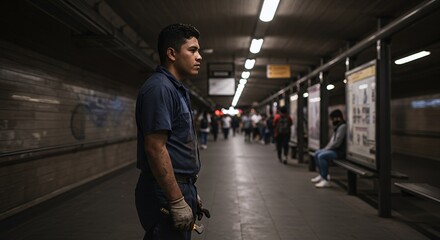 worker stands thoughtfully in a dimly lit station, contemplating his day's tasks ahead.