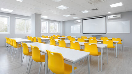 Bright modern classroom with yellow chairs and white tables arranged neatly, creating inviting and organized learning space