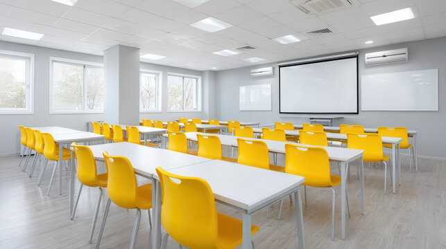 Bright modern classroom with yellow chairs and white tables arranged neatly, creating inviting and organized learning space