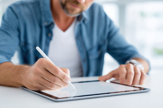 Man using digital tablet with stylus pen, focusing on creative work or design in bright modern workspace