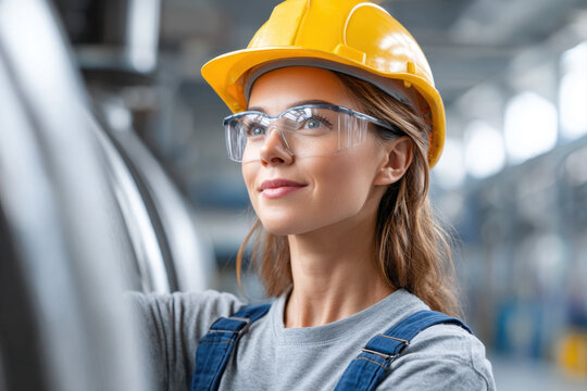 Confident female engineer wearing yellow hard hat and safety glasses working in industrial setting with focus and determination