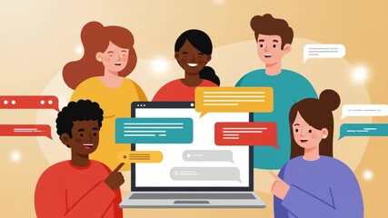 Diverse Team Collaboration: Animated Group Chatting Online, Communication and Technology - Powered by Adobe