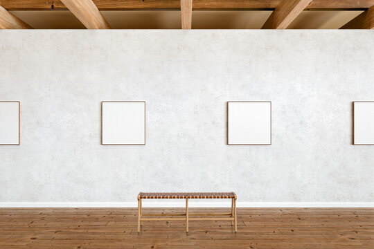 Four Blank Square Art Frames in a Modern Gallery