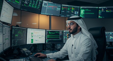 Focused trader analyzes financial data on multiple screens in a modern office, showcasing dedication and expertise in the global market.