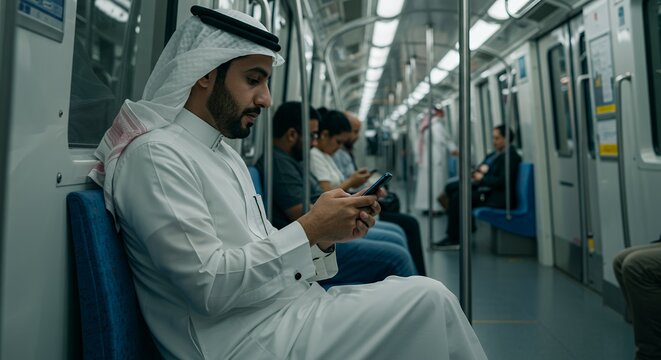 A man in traditional Middle Eastern attire uses his phone while commuting on a modern train.