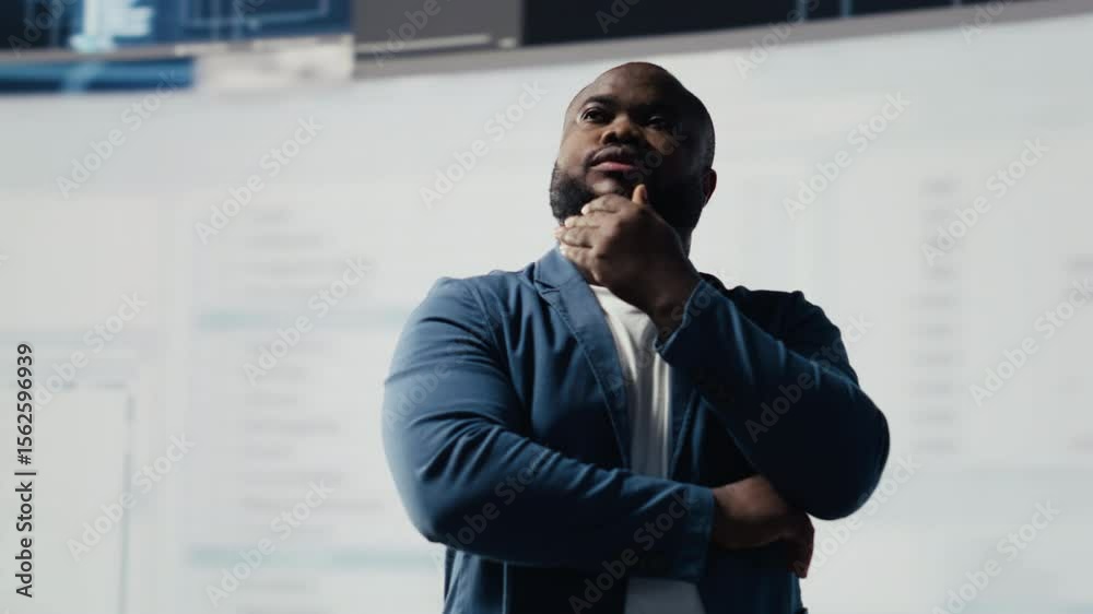 Poster african american engineer analyzing programming language for automation, data science with a futuris