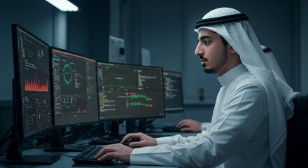 Focused Arab man in traditional attire analyzes data on multiple computer screens in a dimly lit office.