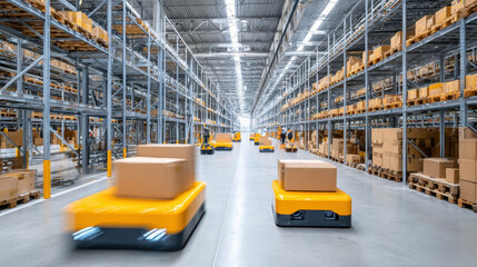 Busy modern logistics warehouse with automated robots transporting cardboard boxes along wide aisles under bright industrial lighting