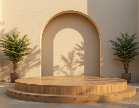 Natural wood podium with arch wall and potted plants in warm outdoor scene, minimal sunlight stage for product display with soft shadows and elegant eco-friendly design